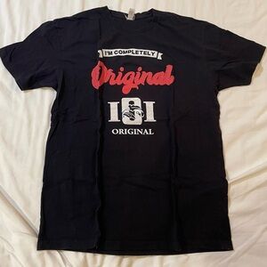 Black Graphic T-Shirt with Red and White Print